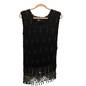 Vintage Beaded Top L/XL Black Crochet Sleeveless Round Neck Netted Tank Mermaid